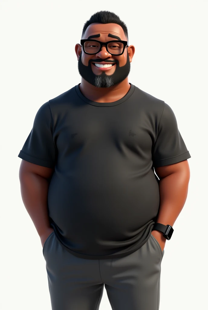 Create a full-body stylized 3D cartoon character of a middle-aged black man with a slightly overweight build. Render the character in a 'Pixar-like' or '3D Cartoon' style using 'Arnold Maya' or 'Keyshot Toon' engines for high-quality animation. Ensure the rendering includes detailed textures, detailed skin, a clay-like finish, and bokeh effects at 8K resolution (or the highest available). Use cinematic lighting with soft, diffused light to enhance skin details, and set the focus to be sharp, with the character fully in focus, and apply bokeh effects if there's any background (which should be transparent). Position the camera at a frontal angle to capture the character's face and full body. The character should have a friendly expression but without a smile, very short straight hair without a topknot, a trimmed and sparse beard with white hairs on the chin, two prominent vertical wrinkles on the forehead between the eyebrows, and a dark brown skin tone with a warm undertone. He should be equipped with modern black reading glasses, an oversized black t-shirt, dark gray pants without a belt, and a black smartwatch on his wrist.