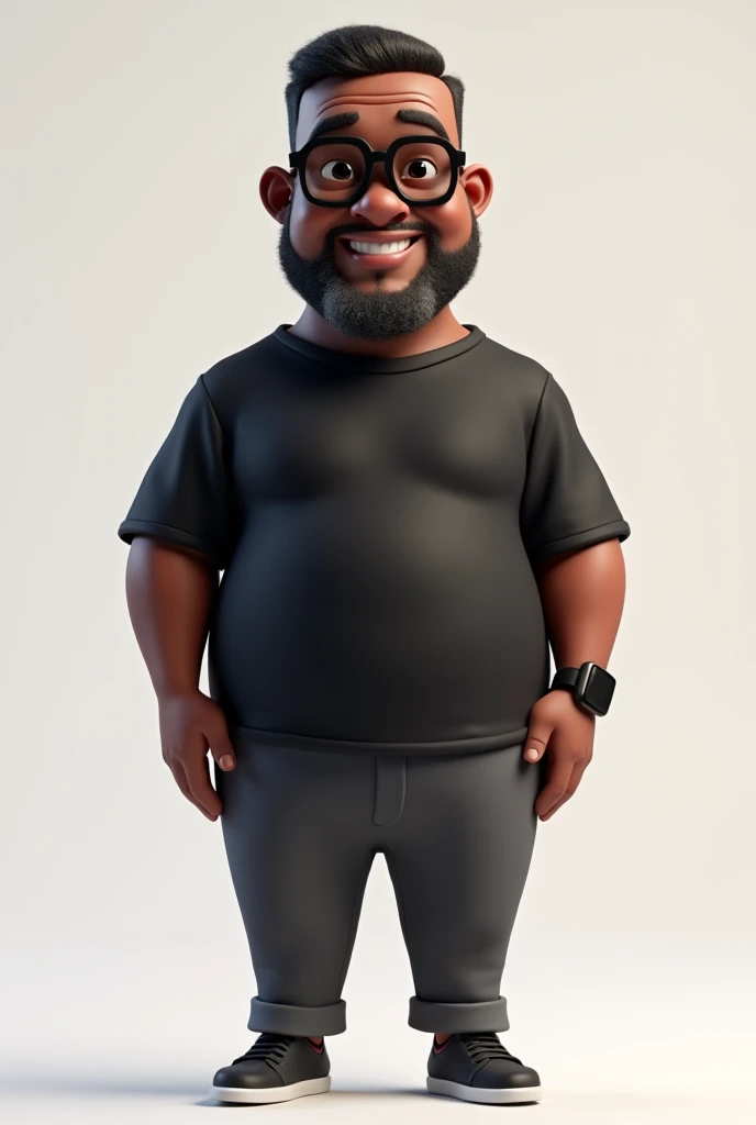 Create a full-body stylized 3D cartoon character of a middle-aged black man with a slightly overweight build. Render the character in a 'Pixar-like' or '3D Cartoon' style using 'Arnold Maya' or 'Keyshot Toon' engines for high-quality animation. Ensure the rendering includes detailed textures, detailed skin, a clay-like finish, and bokeh effects at 8K resolution (or the highest available). Use cinematic lighting with soft, diffused light to enhance skin details, and set the focus to be sharp, with the character fully in focus, and apply bokeh effects if there's any background (which should be transparent). Position the camera at a frontal angle to capture the character's face and full body. The character should have a friendly expression but without a smile, very short straight hair without a topknot, a trimmed and sparse beard with white hairs on the chin, two prominent vertical wrinkles on the forehead between the eyebrows, and a dark brown skin tone with a warm undertone. He should be equipped with modern black reading glasses, an oversized black t-shirt, dark gray pants without a belt, and a black smartwatch on his wrist.