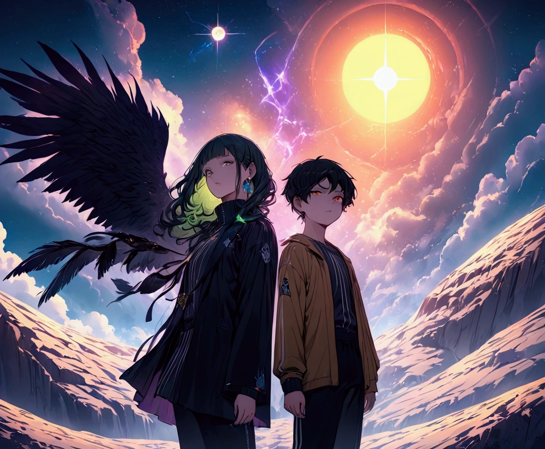 Anime-style illustration, high qualiy, 8k, conceptual artwork, divided into parts, inspired by Makoto Shinkai, clear image, digitalpainting, trends on ArtStation and Pixiv. The scene has a low-angle perspective, showing 1 man and 1 boy in full view, independent versions of the world, separated by a celestial blue energy that shatters the center of the illustration like broken glass, the adult man is a handspan taller, they are positioned near the center of the illustration, back to back, following a line of different visions. The background presents a contrasting scenery between a cloudy sunset sky and a starry night sky, with natural lighting, the ground is contrasting, a desert with sedimentary rocks to the right, a plain full of vegetation to the left, film set. 2 male individuals with identical appearances: red-gold eyes, curly black hair with green bangs that reach the eyes. or adult, a Fallen Angel with an athletic physique, is in an upright pose, with his back slightly arched and his arms at his sides, looking at the sky with an expressionless expression. He wears tight martial arts clothes, made of black fabric with gold lines, designed with an opening in the back to accommodate his large, detailed wings, with stunning dark feathers that reach their feet. He also wears earrings. The boy is small, five years old, a typical Wizard has a lean physique, is in a dynamic pose, with his right arm raised to the sky and fist clenched, while purple and white-azure magic glows intensely around him. Your expression is stern, with eyebrows furrowed in deep concentration. He wears loose clothes for the cold: Black pants with white stripes, gold shirt, black jacket with zipper and a gray sweater, besides a necklace with a blue sapphire. An illusory pentagram arises on the ground near the boy's feet, shining with symbols of light and darkness.