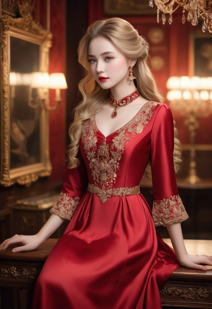 (best quality,4K,8K,high resolution,masterpiece:1.2),Extremely detailed,(Practical,photoPractical,photo-Practical:1.37),portrait,,Pastel,personalized masterpiece,18th century,,noble,girl,noble Daughter,,Extremely beautiful,Face,Has dark blue eyes,Delicate nose,Sweet mouth,Porcelain skin,红扑扑的Face,Long flowing blonde hair,Wine-red silk dress,Elegant Posture,Fine Jewelry,Embroidered lace collar,Grand Background,Rich interior,Faint golden light