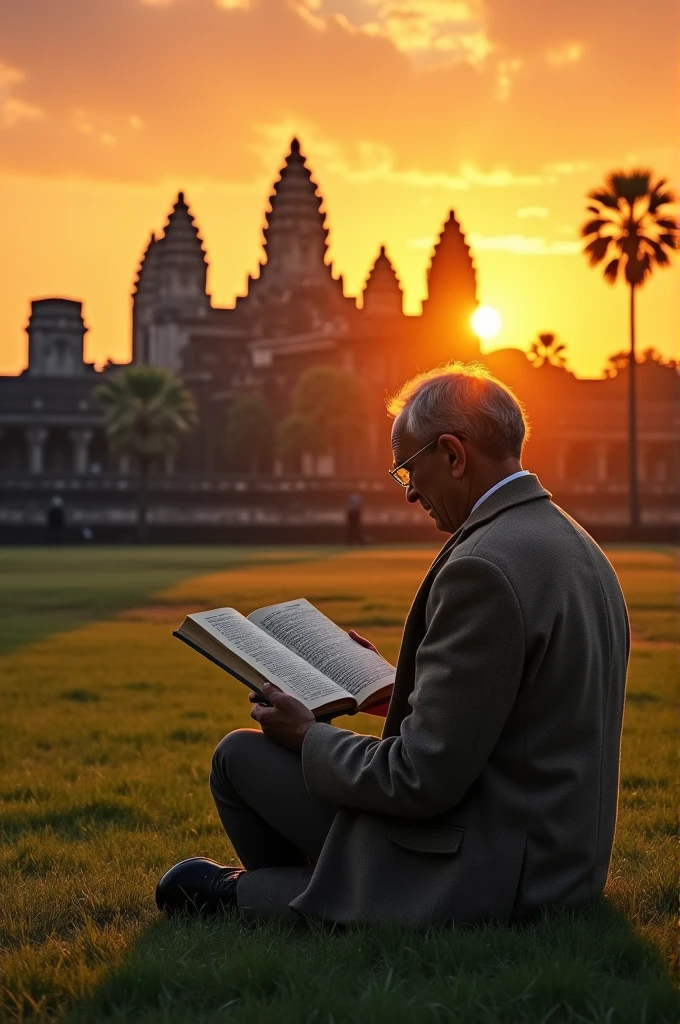 Luis Braille reading a book in front of Angkor Wat 