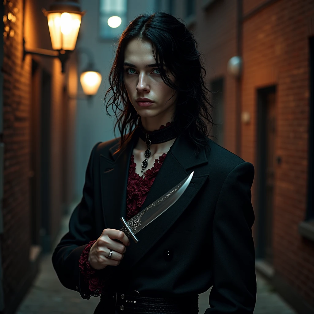 A sexy young male with delicate facial features, black long hair, teal blue eyes. Wearing full Gothic clothes. Holding a knife in his hand. He's wanted a serial killer. (((No facial or body hair))) (Male) (Black and red)