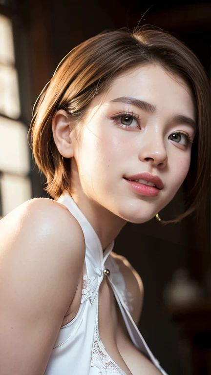 ((Highest quality, 8k, masterpiece :1.3)), (Sharp focus :1.2, Beautiful woman with perfect figure:1.4, Slim Abs:1.2), (looking at camera, full body:1.3, ((shoot from below)) ), cute large breasts, (Photorealistic:1.4), (realistic:1.4), (Short Hair, Light brown hair:1.5), Highly detailed beautiful face and skin texture, Fine grain, (very cute face , double eyelid, detailed big eyes), natural makeup, A little bit of lipstick, sex appeal, standing with Sexy pose, (A beautiful woman in elegant black cheongsam:1.8, sexy cleavage ), (facial expression is big smile, smile:2), ((night of Shanghai city)) 