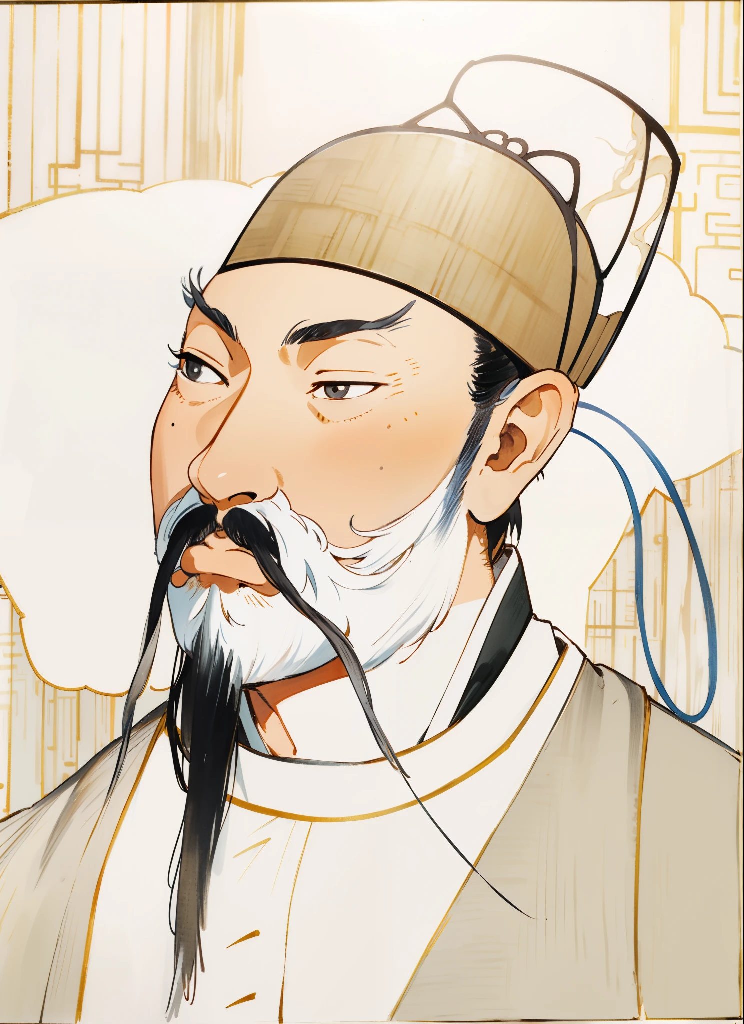 HD, (The finest details), (best quality), Disney, Li Bai，Ancient Chinese poet，1boy，Male focus，solo，Facial hair，hat，traditional media，Black Hair，Moustache，beard，Black headdress，Japanese Clothing，Upper body