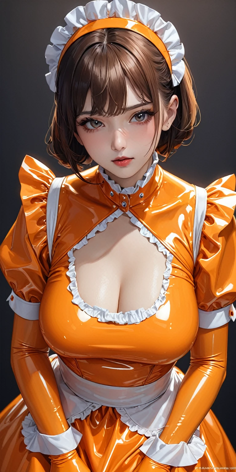 Portraiture、(masterpiece,Highest quality,Ultra-high resolution),Japanese women, Maid Headband、(((A very beautiful 25 year old))),(Orange latex maid outfit)、((Orange latex long skirt))、(Long-sleeved orange latex shirt covering the upper body)、Orange latex long gloves、Orange latex tights、Orange Latex Bodysuit、The clothes fit snugly to the body、Latex is very shiny、Dark Room
