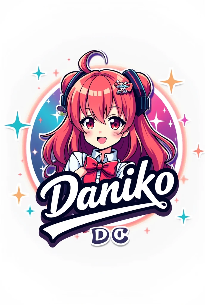 Round logo for promotional brand of Cosplayer with the name of instagram @daniko.dc with an image of a girl with anime cosplay with a white background