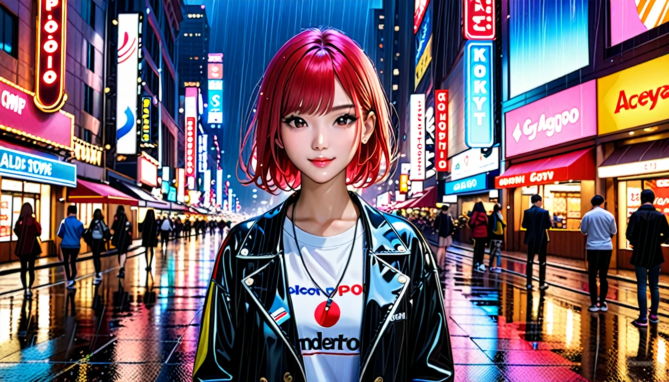 (8k, RAW Photos, Highest quality, masterpiece:1.2), (Realistic, photo-Realistic:1.37), Omertoza, One person, (K-Pop Idols), (aegyo sal:1), cute, Cityscape, rain, Wet, Professional Lighting, Photon Mapping, Radio City, Physically Based Rendering,,