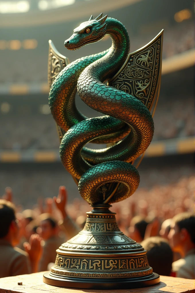Create a robotic snake coiled into a figure eight trophy representing Victory inside a shield