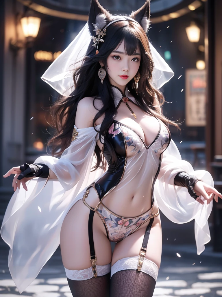 A beauty, (Race:Chinese),((night, moonlight, By the coffee shop's floor-to-ceiling windows)), (8K Ultra HD, 8K, Ultra-high resolution, best quality, masterpiece, Surrealism, Digital SLR Camera, Soft Light, Bokeh, Masterpieces), ((((Beautiful model-like face))), ((Creating the image of a real girl)), warm light, Realistic shadows, Dynamic poses, Elegant Posture, Cowboy lens, Full body front view, Be confident, Body facing the camera, Standing facing the camera, Open your legs slightly, Golden Ratio Graphics, Minimalism), (Happy smile, Big watery eyes, Cherry Blossom, Balanced Eyes, Perfect beautiful face, Normal facial features, Realistic skin, Attention to skin details, Skin is clean and radiant, Anatomically correct body, Hourglass figure, cosmetic, Gloves, earrings, bracelet, necklace, Jewelry, veil, Hair accessories, Headdress, shawl), ((beautiful hair), Dark brown hair, Big wavy curly hairstyle, Waist-length hair, Messy Hairstyle, Gradient hairstyles, Cyberpunk hairstyle), ((Transparent clothes:1.5), (Color of clothes: Two colors), Transparent Clothes, See-through clothes, Tulle clothes, Mesh clothes, Transparent sci-fi Hanfu, Shiny micro bikini bra, (Clothes that accentuate your bust shape)), (Sexy的, Perfect breast shape, Teardrop chest shape, Snow-white breasts, very detailed breasts, 36C cups), (Tempting, Super high waist, Deep V, Low-cut, Sexy, Flattering, Open crotch, (Camel toe, High fork strangulation)), (sock, Knee socks, 吊garter, Leg ring, garter, 腿部garter), (style:Sexy,Mature), (Wet body:1.0) , (Wet clothes:1.0), (clothes pattern: line)