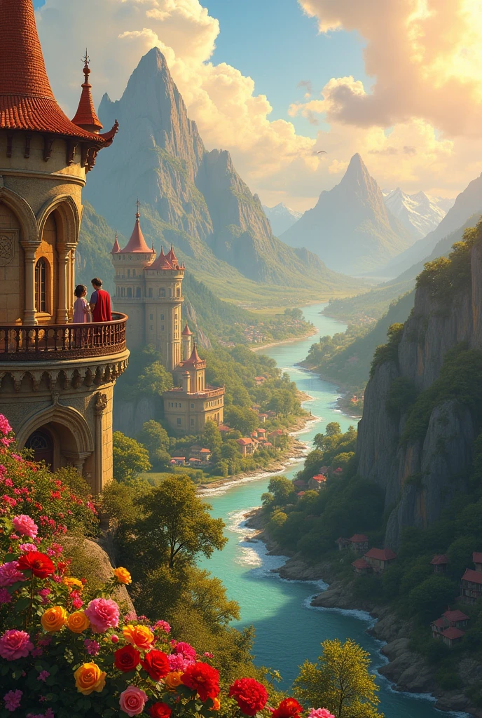 ## **Scene 8: The Kingdom Thriving**
**Setting:** The kingdom, now even more vibrant and peaceful.
- **Adjectives:** Vibrant, peaceful
- **Verbs:** Thriving, ruling
- **Description:** The kingdom is shown in full bloom, with colorful flowers in every garden, the rivers sparkling, and the mountains bathed in golden light. King Amara, Queen Lila, and Prince Samir are seen standing together on the castle balcony, smiling as they look over their thriving kingdom, their love radiating like the sun.