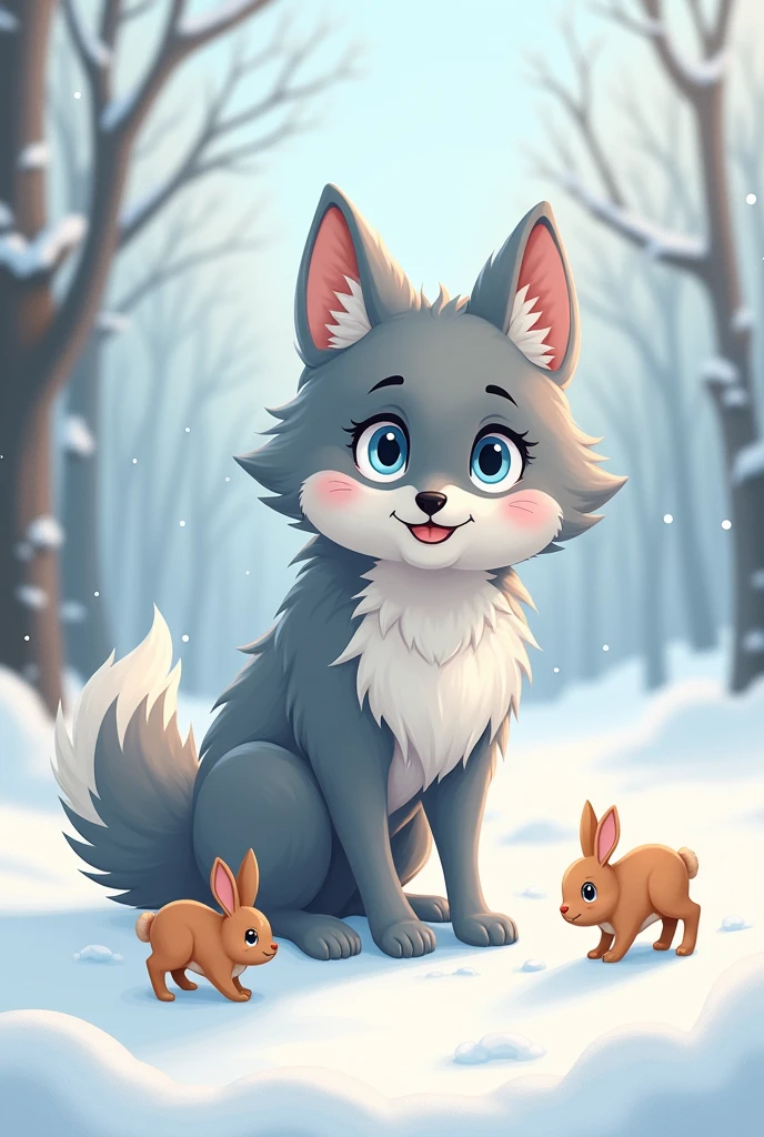 A gray wolf standing,cute style,waiting to catch prey,Expression ready to go,Snow in the background,There are rabbits on the ground