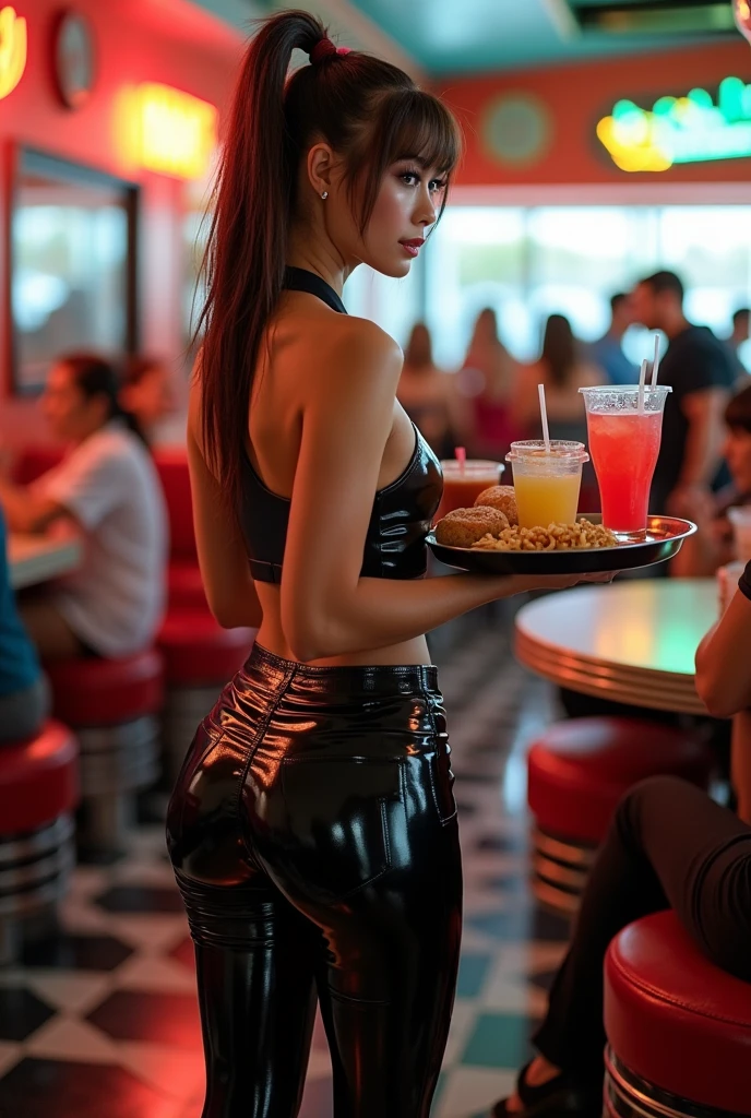waitress in latex leggings