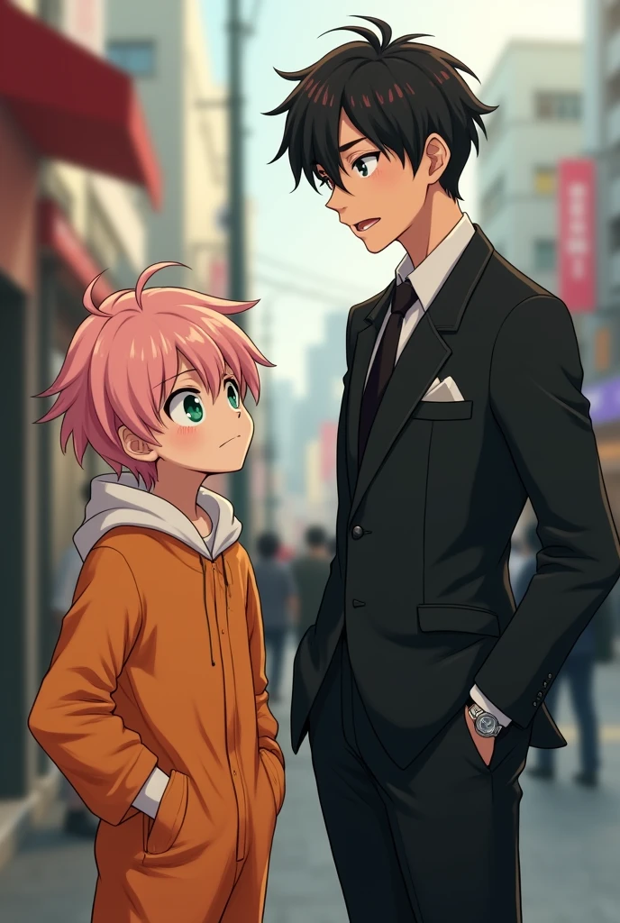 (photorealism:1.2), two men one tall and one short, they should be Korean, the short one should be wearing cute clothes with warm colors while the tall man should be wearing an formal dress in black color. The tall one should be smirking while looking at the shorter one, while the shorter one has a nervous and scared expression they should be animated. The short one should have light shade of pink hair with green eyes, while the tall one should have black hair with red streaks in front.
