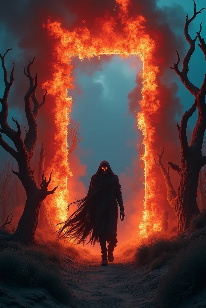 A vertiecal frame covered with red bloody fire awaking a black eye evil creature and creature walk through frame and entired  in the black and blue creepy desert forest