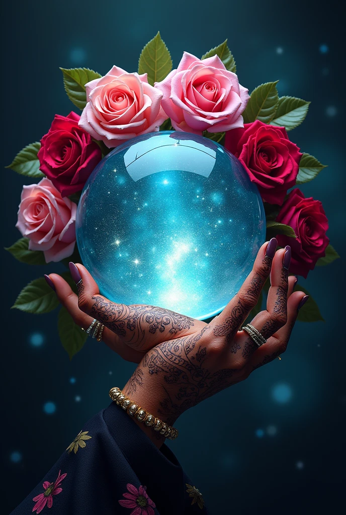 Create a logo using a crystal ball, roses around, with a fortune teller's hand underneath improve this a little