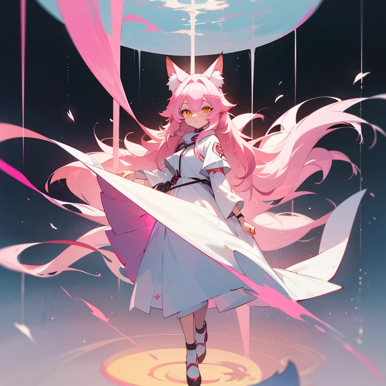 Long-haired in a white dress、Standing before a circular object。, Anime drawing by Shitao, pixiv Contest Winner, fur art, Pink haired fox, From Arknights, Dark Fox Mage, Pink fox anime, The fox and the bush, Cute anime cat girl, Aether Fox, White cat lady, Very Beautiful Anime Cat Girl