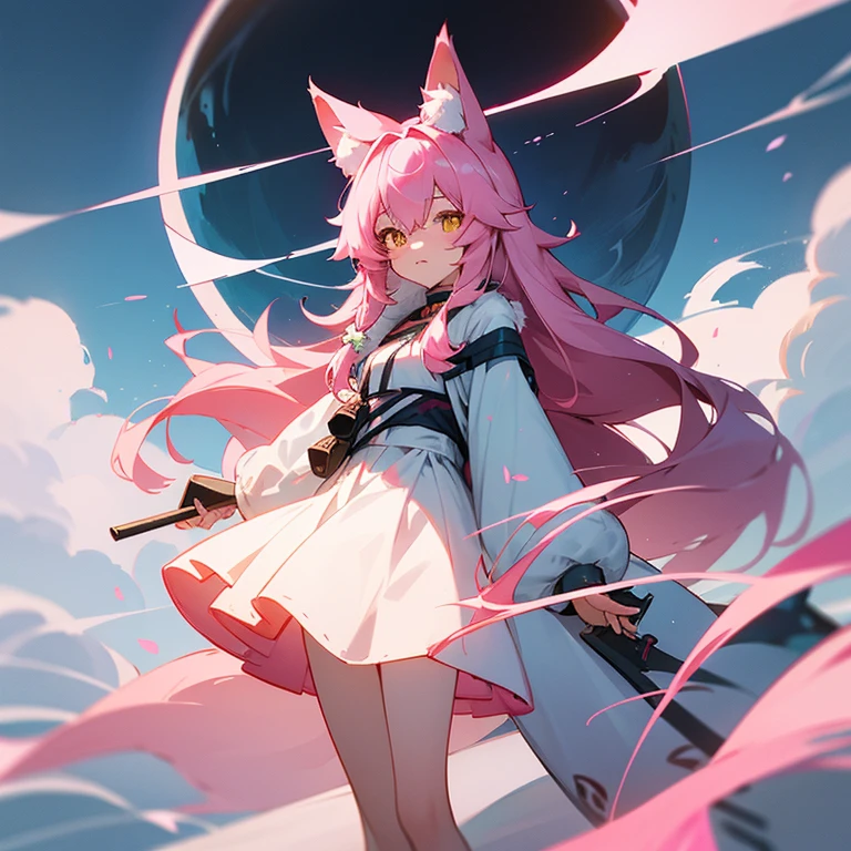 Long-haired in a white dress、Standing before a circular object。, Anime drawing by Shitao, pixiv Contest Winner, fur art, Pink haired fox, From Arknights, Dark Fox Mage, Pink fox anime, The fox and the bush, Cute anime cat girl, Aether Fox, White cat lady, Very Beautiful Anime Cat Girl