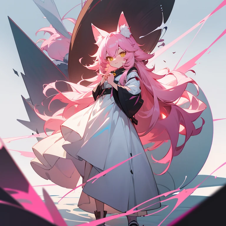 Long-haired in a white dress、Standing before a circular object。, Anime drawing by Shitao, pixiv Contest Winner, fur art, Pink haired fox, From Arknights, Dark Fox Mage, Pink fox anime, The fox and the bush, Cute anime cat girl, Aether Fox, White cat lady, Very Beautiful Anime Cat Girl