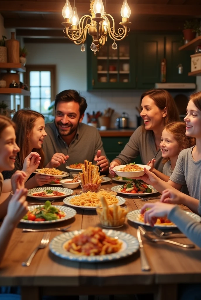 group of happy people gathered around a large table enjoying a dish of baked cod