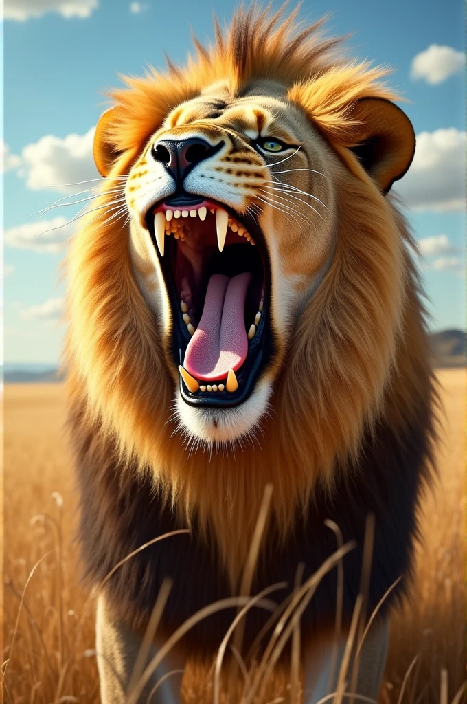 A Lion Roaring Face With Long Hairs, and Eyes Were So Deadly Looking Super Realistic 