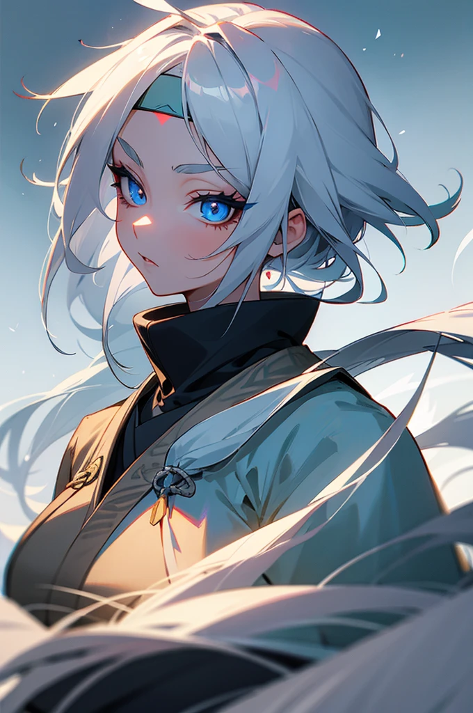 Leaf village female shinobi - silver white long hair, glowing blue eyes, white eyelashes.