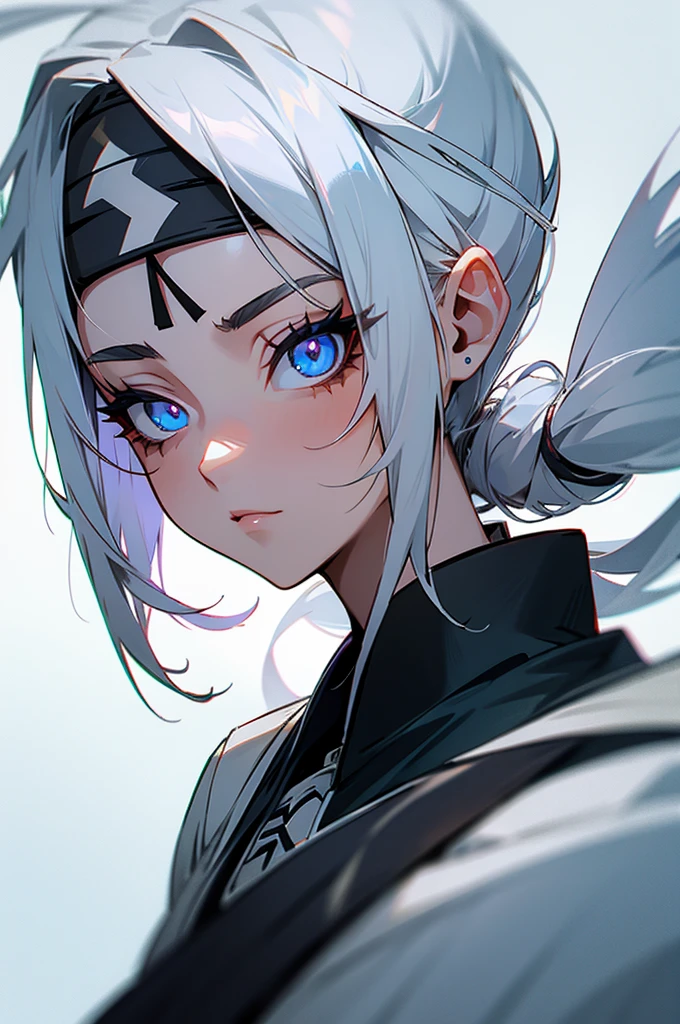 Leaf village female shinobi - silver white long hair, glowing blue eyes, white eyelashes.