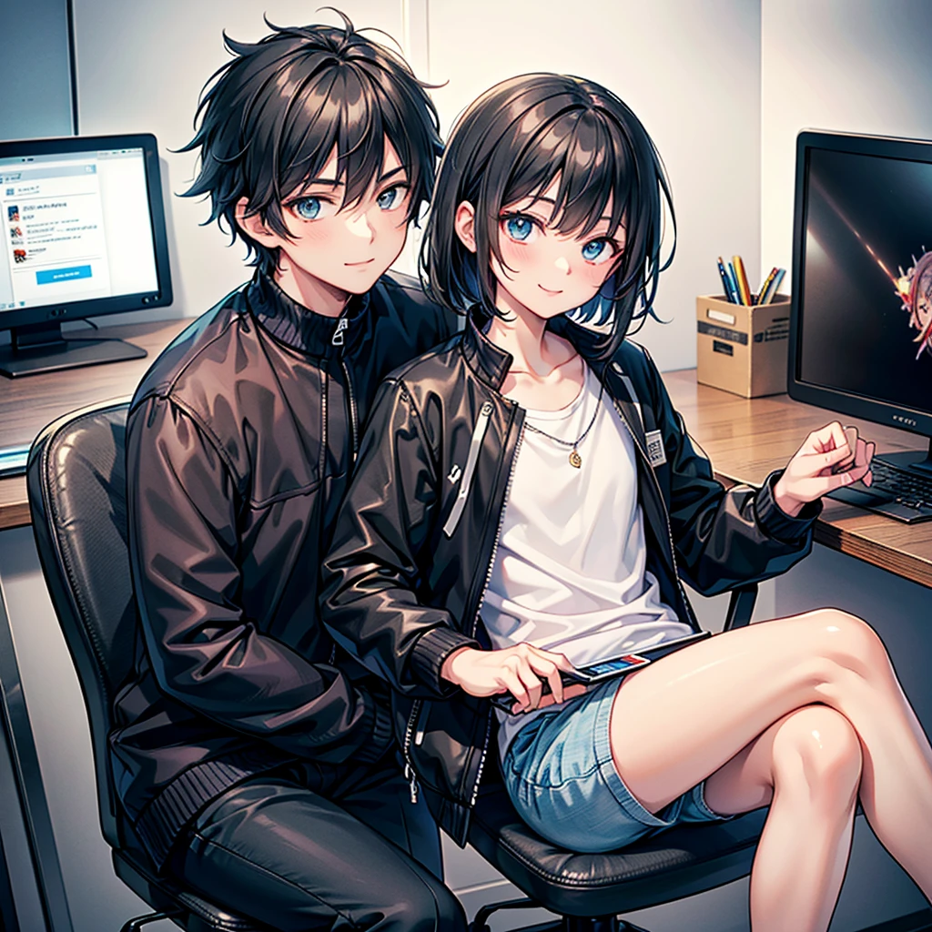 Anime art style,Highest quality,High resolution,Anatomically correct,One Man,Twenty generations,good looking,Spiky hair,Black Hair,A kind smile,A rich expression,Black jacket,Casual innerwear,Office,Sitting in a chair,You are operating a tablet device,Eyes drawn in detail,8k