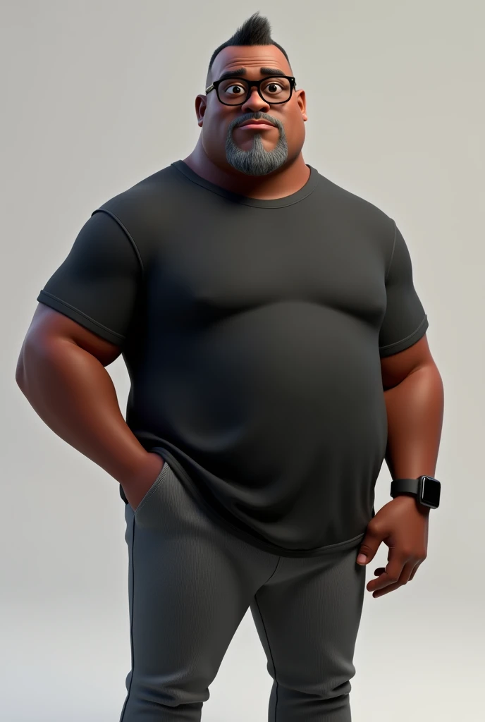 Create a full-body stylized 3D cartoon character of a middle-aged black man with a slightly overweight build. Render the character in a 'Pixar-like' or '3D Cartoon' style using 'Arnold Maya' or 'Keyshot Toon' engines for high-quality animation. Ensure the rendering includes detailed textures, detailed skin, a clay-like finish, and bokeh effects at 8K resolution (or the highest available). Use cinematic lighting with soft, diffused light to enhance skin details, and set the focus to be sharp, with the character fully in focus, and apply bokeh effects if there's any background (which should be transparent). Position the camera at a frontal angle to capture the character's face and full body. The character should have a serious expression, very short straight hair without a topknot, a trimmed and sparse beard with white hairs on the chin, two prominent vertical wrinkles on the forehead between the eyebrows, and a dark brown skin tone with a warm undertone. He should be equipped with modern black reading glasses, an oversized black t-shirt, dark gray pants without a belt, and a black smartwatch on his wrist.