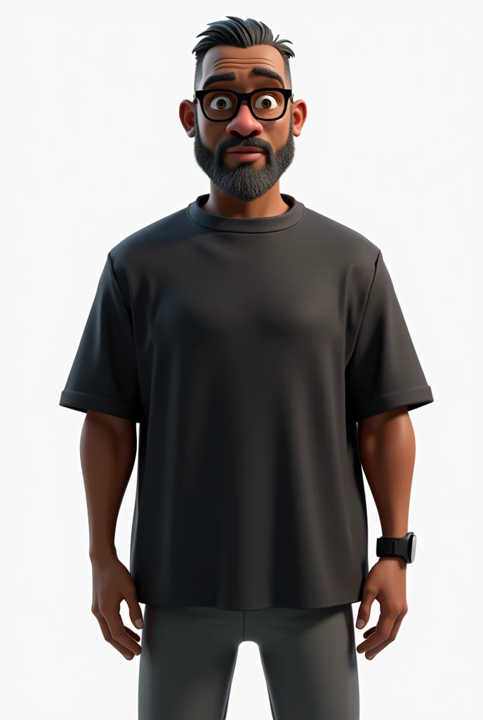 Create a full-body stylized 3D cartoon character of a middle-aged black man with a slightly overweight build. Render the character in a 'Pixar-like' or '3D Cartoon' style using 'Arnold Maya' or 'Keyshot Toon' engines for high-quality animation. Ensure the rendering includes detailed textures, detailed skin, a clay-like finish, and bokeh effects at 8K resolution (or the highest available). Use cinematic lighting with soft, diffused light to enhance skin details, and set the focus to be sharp, with the character fully in focus, and apply bokeh effects if there's any background (which should be transparent). Position the camera at a frontal angle to capture the character's face and full body. The character should have a serious expression, very short straight hair without a topknot, a trimmed and sparse beard with white hairs on the chin, two prominent vertical wrinkles on the forehead between the eyebrows, and a dark brown skin tone with a warm undertone. He should be equipped with modern black reading glasses, an oversized black t-shirt, dark gray pants without a belt, and a black smartwatch on his wrist.