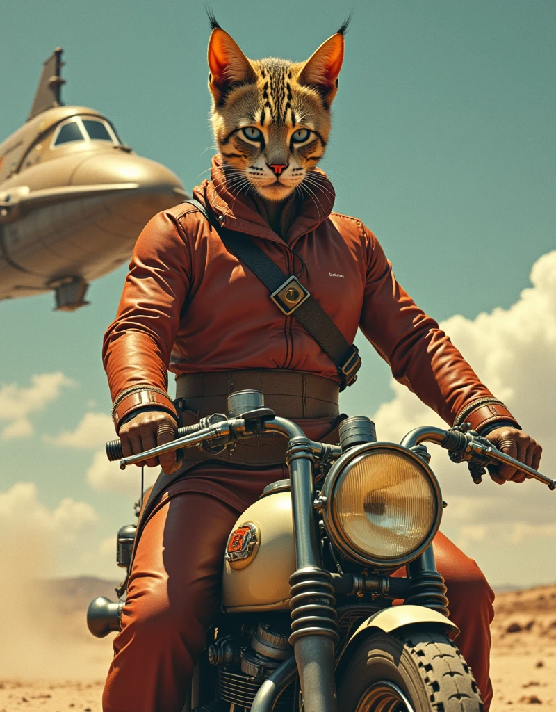 Full body view of Rugged Man with human face and cat ears in 1940's futuristic Motorcycle Advertisement, matching cat ears to hair color, extremely detailed, intricate clothing, high quality, intricate, futuristic-retro futurism, historical, detailed hair, detailed spaceship in background