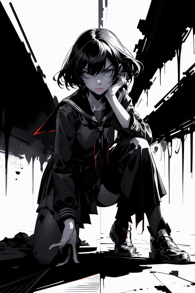 v5lcn style,Ink Art,(Highest quality,Tabletop:1.2),(Black and white comic core:1.1),(extremely high contrast),Dark ink,One Girl,Black-haired,Shadow on face、8k,solve,high school girl,Sailor suit,