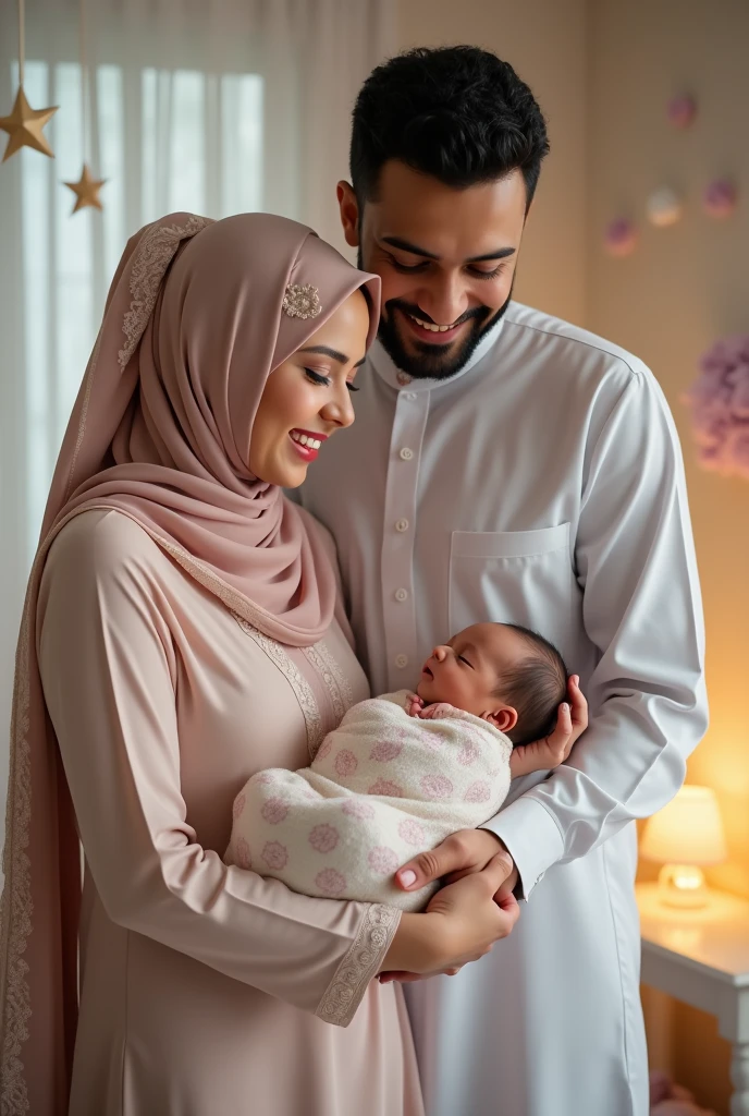Muslim couple holding newborn baby girl