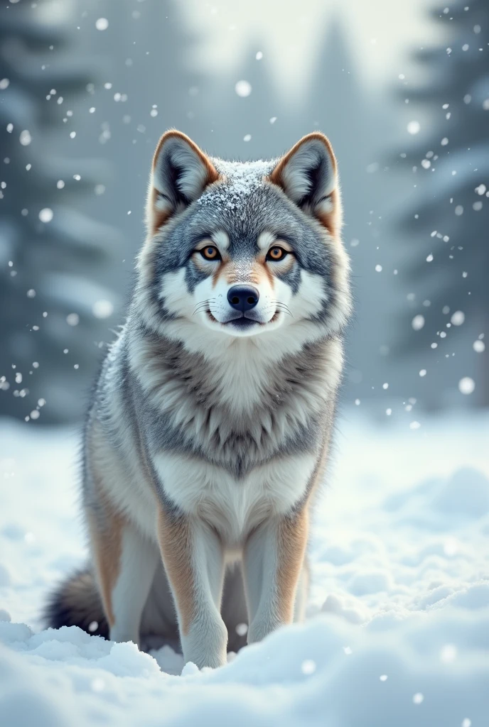 A gray wolf standing,cute style,waiting to catch prey,Hunting rabbits,Expression ready to go,Snow in the background,
