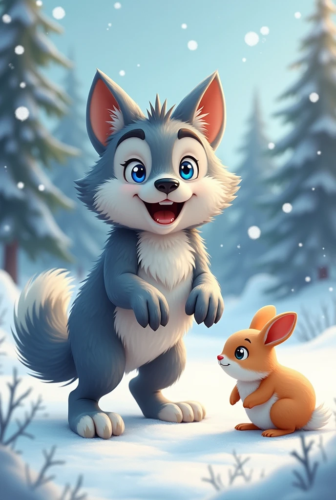 A gray wolf standing,cute style,waiting to catch prey,Hunting rabbits,Expression ready to go,Snow in the background,