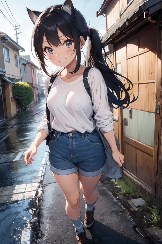 Shopping cart ride, chibi, school swimsuit, thick eyebrows, (huge backpack: 1.5), (dark skin: 1.3), brown skin, movie lighting, small, rabbit ears, (masterpiece), ((best quality)), (super detailed), glossy skin, full body anime girl, clean and detailed anime face, high resolution anime eyes, five fingers, textile shading, perfect human structure, perfect anatomy、