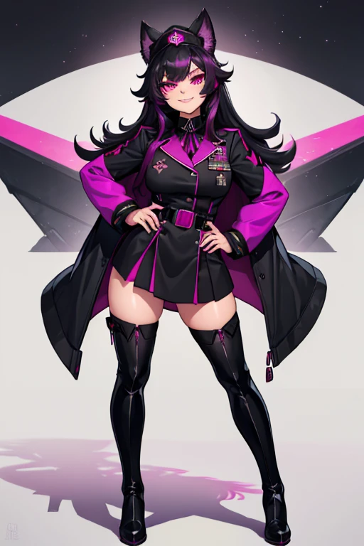 female, black long hair with magenta trim, silver eyes, wolf ears, wolf tail, (((1girl))), (((black and magenta military uniform))), (military general cap), (black belt), (black thigh high boots), cute and sexy, full body, large breasts, long legs, smiling
