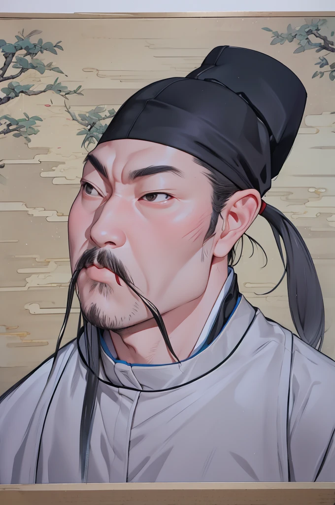 HD, (The finest details), (best quality), Disney, Li Bai,Ancient Chinese poet,1boy,Male focus,solo,Facial hair,hat,traditional media,Black Hair,Moustache,beard,Ponytail,Black headdress,Japanese Clothing,Upper body