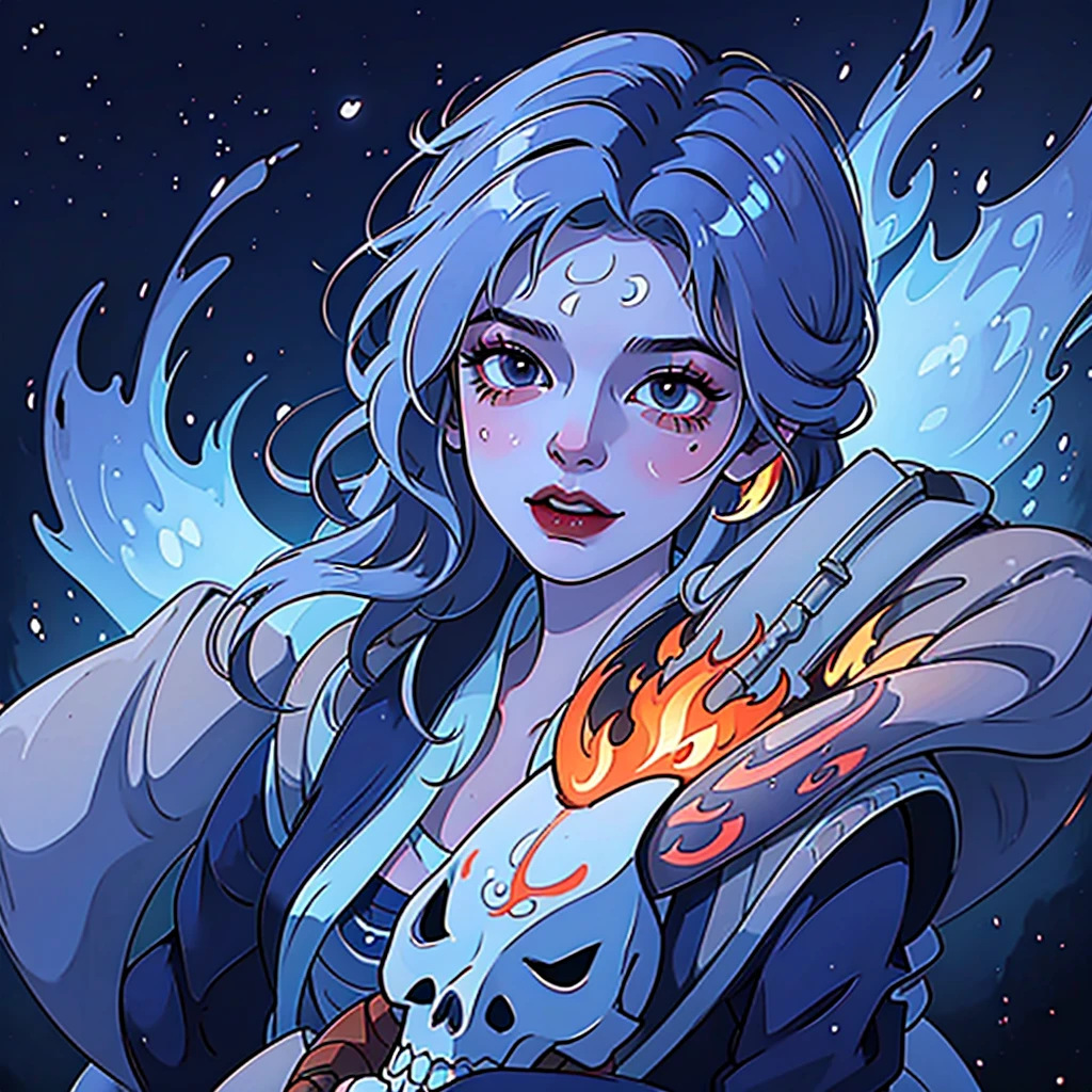High quality 4K artwork ,Ultra Sexy Woman ,Nijna with a flaming skull face with blue flames, with swords and masks