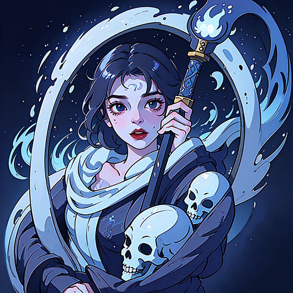 High quality 4K artwork ,Ultra Sexy Woman ,Nijna with a flaming skull face with blue flames, with swords and masks