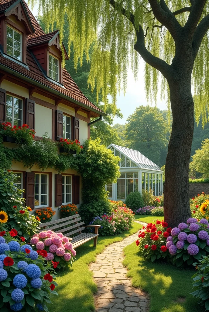 A european house with large willow tree, a grapes tree, full petunia flowers at windowsill,in the backyard have a green house, sunflowers, apple tree, a bench and hydrangeas