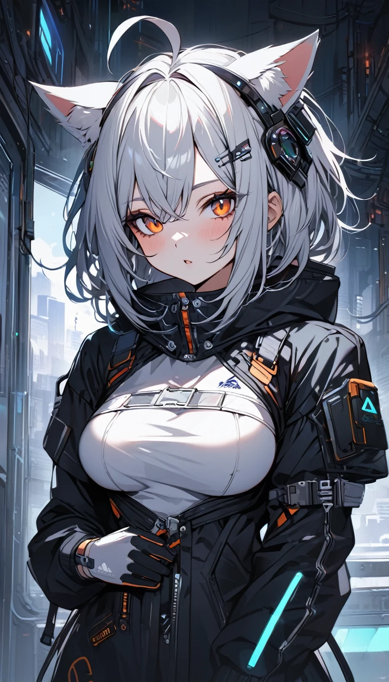 (masterpiece)、(absurdres)、(ultra detailed)、(8k)、(solo lad),(silver cat ears:1.1),(silver hair),(shortcut hair:1.1),(messy hair:0.9),(Ahoge:0.9),(middle breast:0.9),BREAK,(orange eyes),(たれた目:1.2),BREAK,cyberpunk,