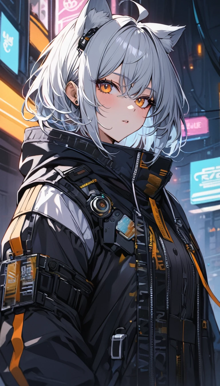 (masterpiece)、(absurdres)、(ultra detailed)、(8k)、(solo lad),(silver cat ears:1.1),(silver hair),(shortcut hair:1.1),(messy hair:0.9),(Ahoge:0.9),(middle breast:0.9),BREAK,(orange eyes),(たれた目:1.2),BREAK,cyberpunk,