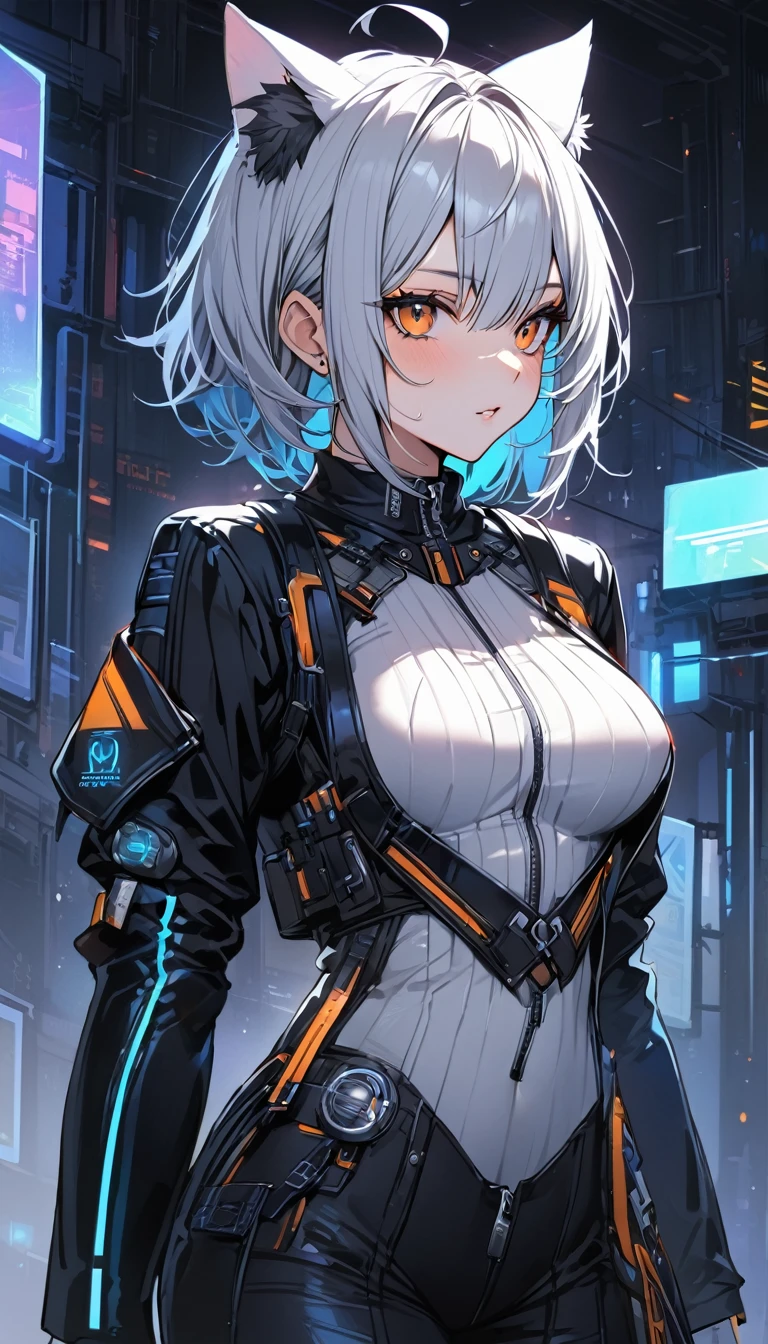 (masterpiece)、(absurdres)、(ultra detailed)、(8k)、(solo lad),(silver cat ears:1.1),(silver hair),(shortcut hair:1.1),(messy hair:0.9),(Ahoge:0.9),(middle breast:0.9),BREAK,(orange eyes),(たれた目:1.2),BREAK,cyberpunk,