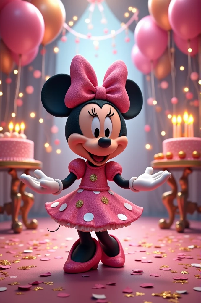 An animated image of Minnie Mouse celebrating her birthday in pink and gold tones that says Happy Birthday Dayanna and Dalena!