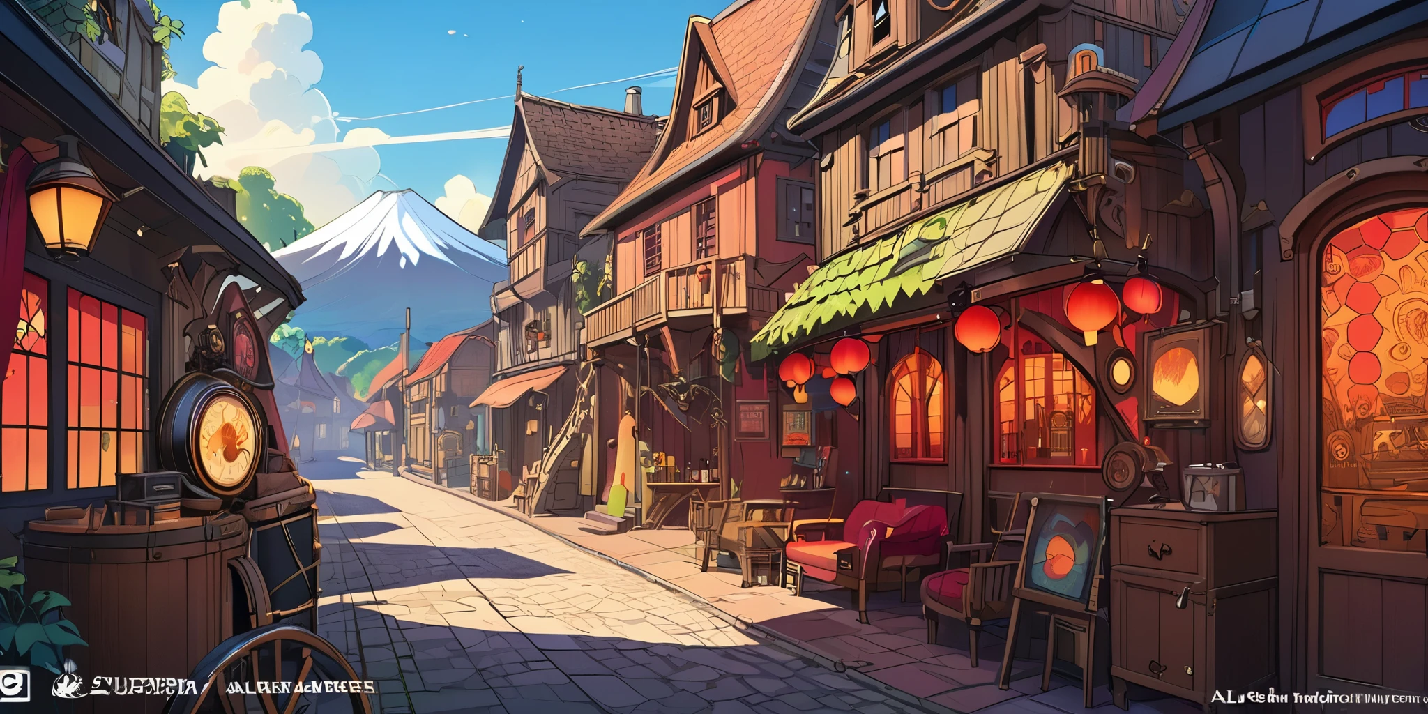 Draw a lofi anime poster, village, volcan, Steampunk Decoration, faire, lumière, a beautiful color palette in black red, couleurs saturées vibrantes, ouvrages d'art, days, animated theme