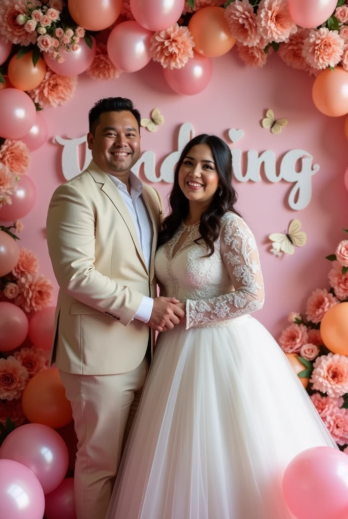 Real couple pinay Pinoy wedding semi chubby with name wall "Happy wedding Domingo & Contreras" background flowers shape Heart baloons butterflies looking on front camera