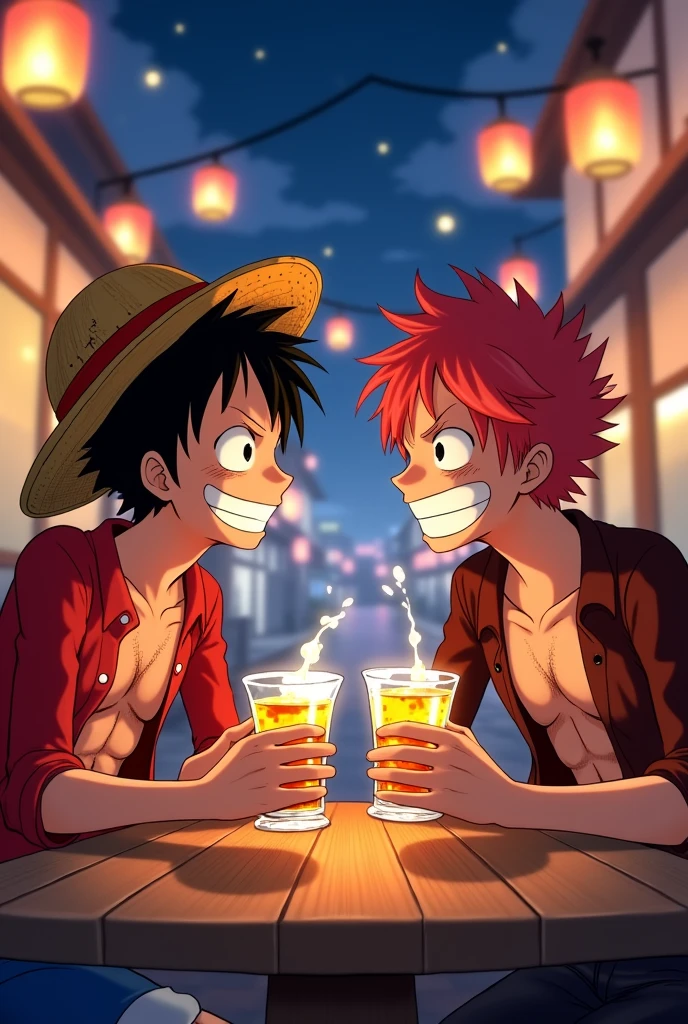 Create an image of Luffy and shanks drinking Saka from front view 