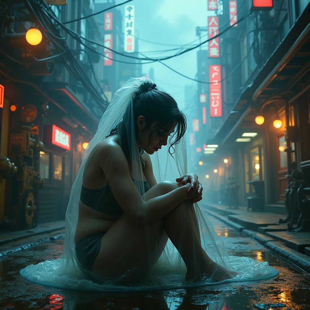 Woman locked up trapped hugging her knees, big boobs, very tightly packed in a clear plastic bag trying to get out from side view. Inverted cyberpunk, steampunk, sci fi city background