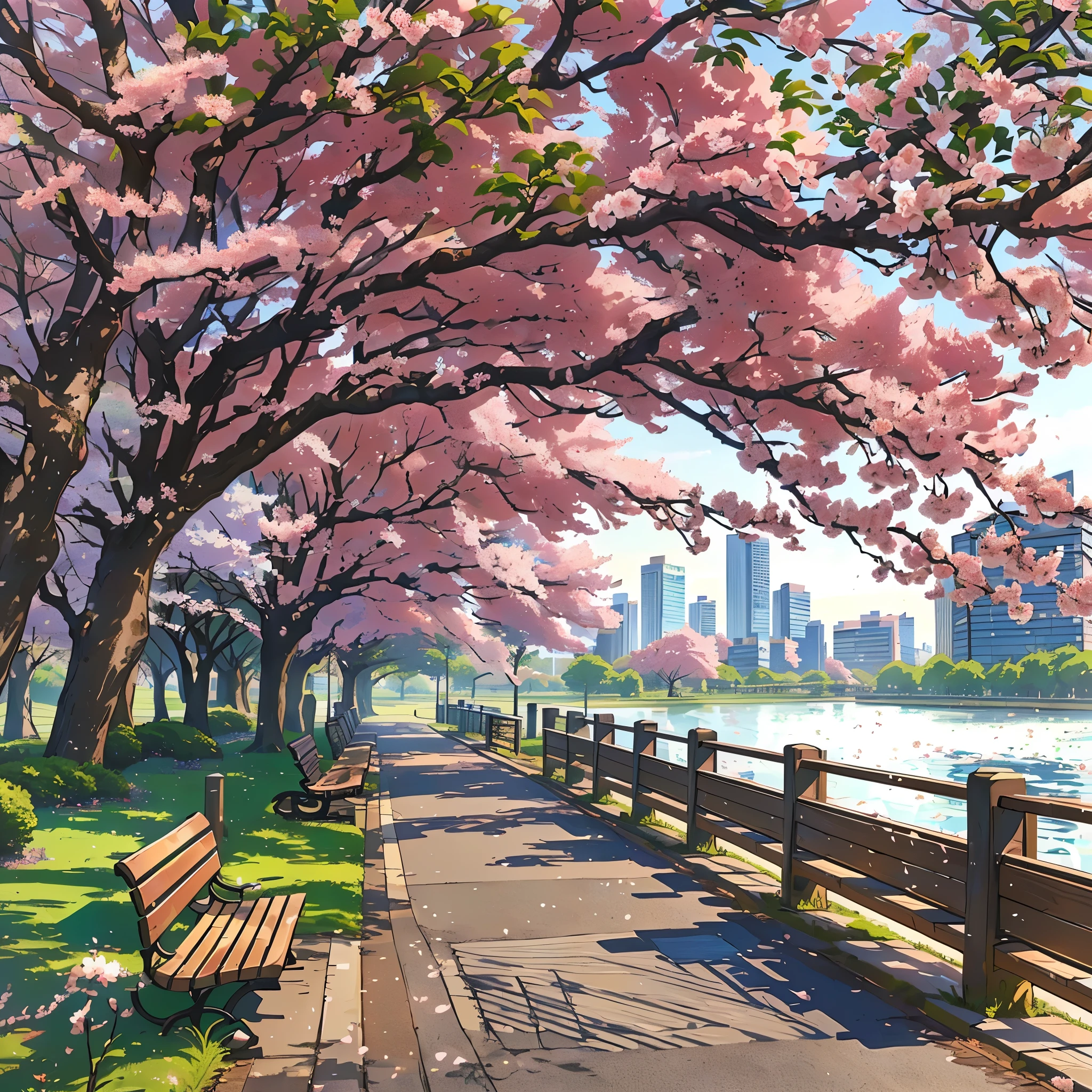 A bench stands under the tree, city of spring season, beautiful anime scenery, Cherry blossom trees, beautiful anime scene, beautiful cityscape, Sakura trees, anime beautiful world scene, lush Sakura trees, Cherry forest, perfect Spring Day with, City park with flowers, beautiful city, landscape wallpaper aesthetic, Cherry blossom season, Spring Day, landscape wallpaper