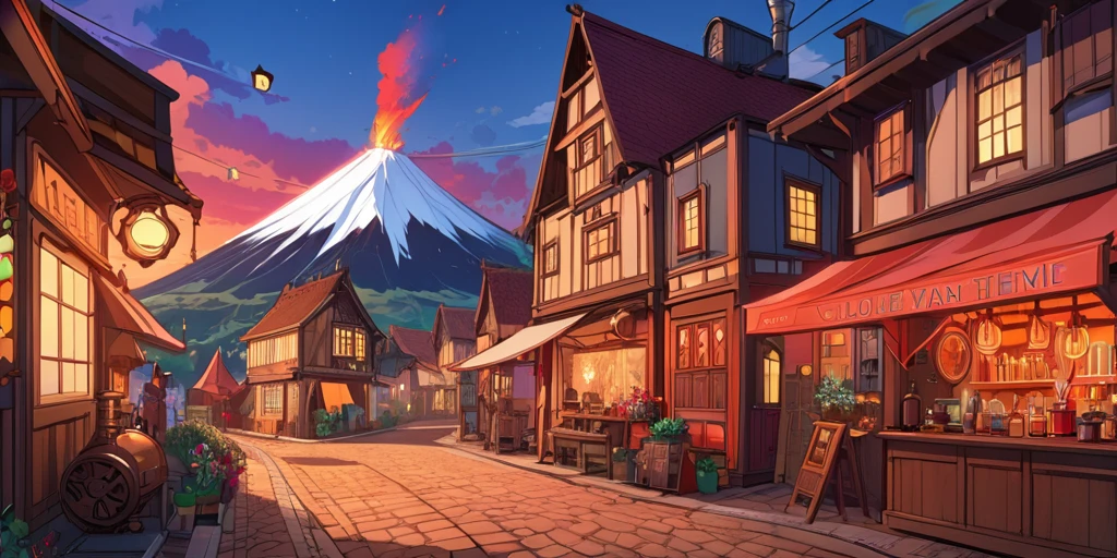 Draw a lofi anime poster, village, volcan, Steampunk Decoration, faire, lumière, a beautiful color palette in black red, couleurs saturées vibrantes, ouvrages d'art, days, animated theme